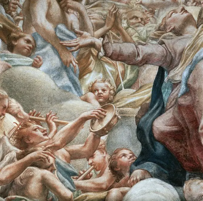 Angels playing music, detail of the Assumption of the Virgin, 1526-1530, by Antonio Allegri, known as Correggio (1489-ca 1534), fresco. Cathedral of Santa Maria Assunta in Parma.