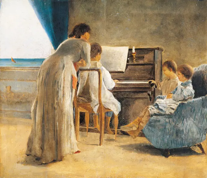 Piano lesson, 1866-1867, by Adriano Cecioni (1836-1886), oil on canvas, 29X34 cm.