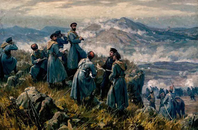 Alexander I of Bulgaria with his chiefs of staff observing the Battle of Dragoman, November 23, 1885. Serbian-Bulgarian War, Bulgaria, 19th century.