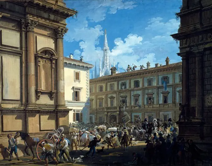 The people plundering Minister Prina's house in Piazza San Fedele in Milan, April 20, 1814, by Giovanni Migliara (1785-1837). Italy, 19th century.