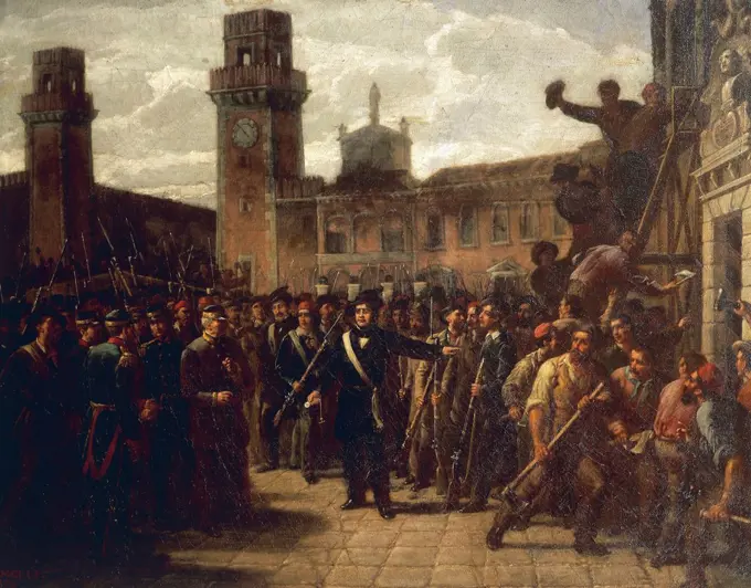 Daniele Manin and the insurgents capture the Arsenal, March 22, 1848, by Vincenzo Giacomelli (1841-1890). First War of Independence, Italy, 19th century.