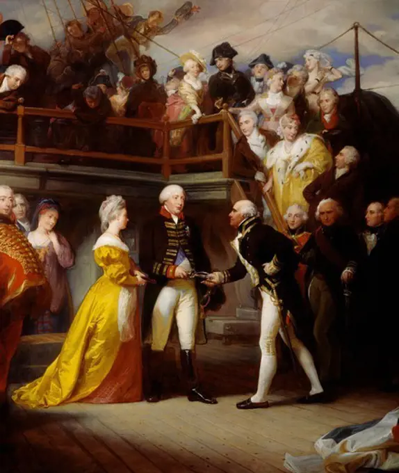 George III visiting Admiral Howe's ship, the Queen Charlotte, June 26, 1794, painting by Henry Perronet Briggs (1791 to 1793-1844), 1828, oil on canvas, 162.5x255.5 cm. England, 18th century.