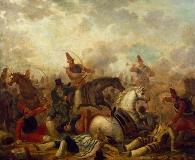 Cavalry battle in Argentina at the time of Rosas' dictatorship (1829-1852), 1845, lithograph, by Carlos Morel (1813-1894). Argentina, 19th century.