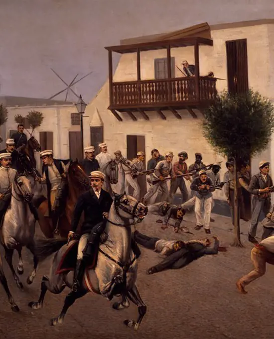 Nicolas de Pierola heading the cavalry entering the village of Cocharcas, 1895, detail from a painting by Lipiani, 1895. Peru, 19th century.