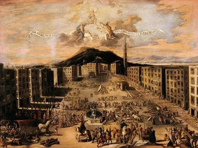 Market Square during the plague of 1656, Naples, by Carlo Coppola (active 1640-1660), oil on canvas, 130x180 cm. Italy, 17th century.