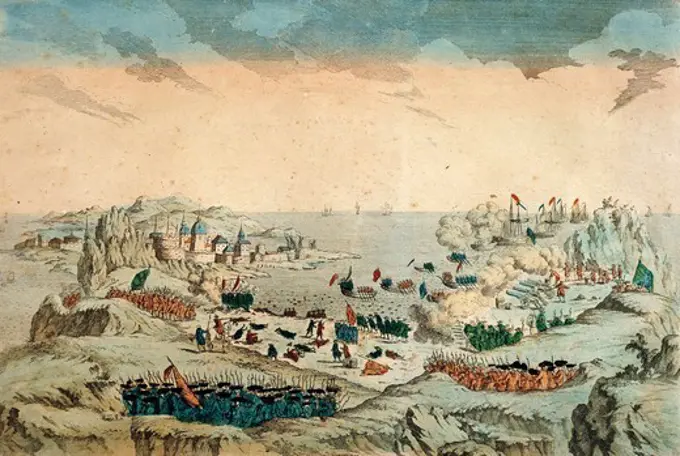 The arrival of the French on the island of Newfoundland, engraving by Busset. Canada, 18th century.