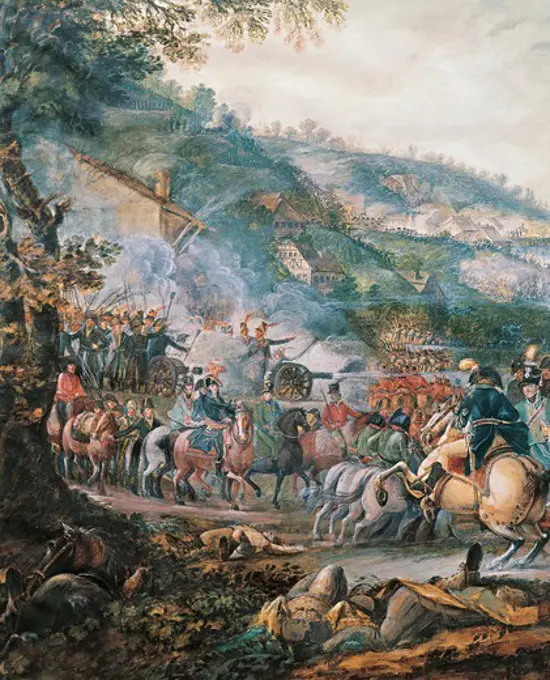 Defeat of the Russian army commanded by Alexander Korsakov and Aleksandr Vasilievich Suvorov in the Second Battle of Zurich, September 25-26, 1799, watercolour. French Revolutionary Wars, Switzerland, 18th century.