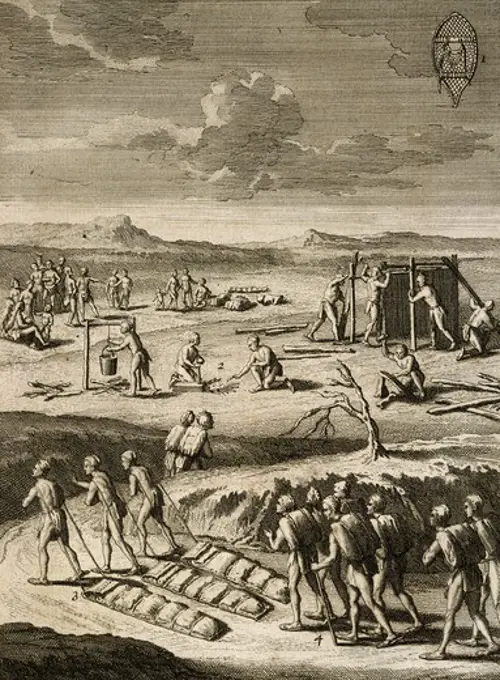 Nomad camp in Canada, 18th century, engraving from the The Customs of the American Savages Compared with the Customs of Ancient Times (vols. 1 - 2, 1724), by Joseph - Francois Lafitau (1681 - 1746). Canada, 18th century.