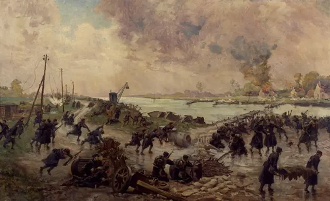 Belgian troops in combat on the Yser, October 1914. World War I, Belgium, 20th century.