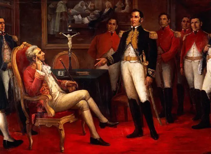 Meeting in 1821 between Jose de San Martin and Jose de la Serna, the last Spanish viceroy in Peru. Peru, 19th century.