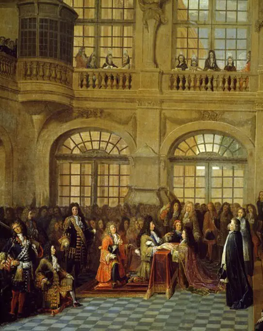 Louis XIV receiving the oath of the Marquis De Dangeau, Grand Master of the Order of St. Lazarus in the chapel of Versailles, December 18, 1695, detail from a painting by Antoine Pezey (active between 1695 and 1710). France, 17th century.