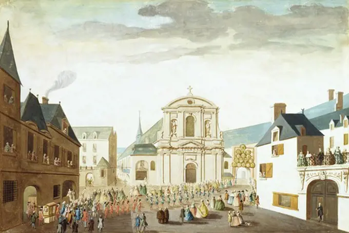 Duke of Rohan and Cardinal de Richelieu entering Nantes, 1704, during the States of Brittany. France, 18th century.