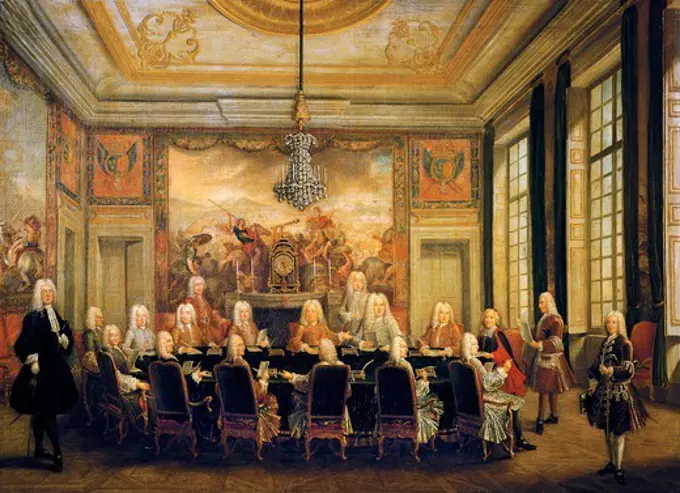 Regency Council meeting at Versailles chaired by Philip II, Duke of Orleans. France, 18th century.