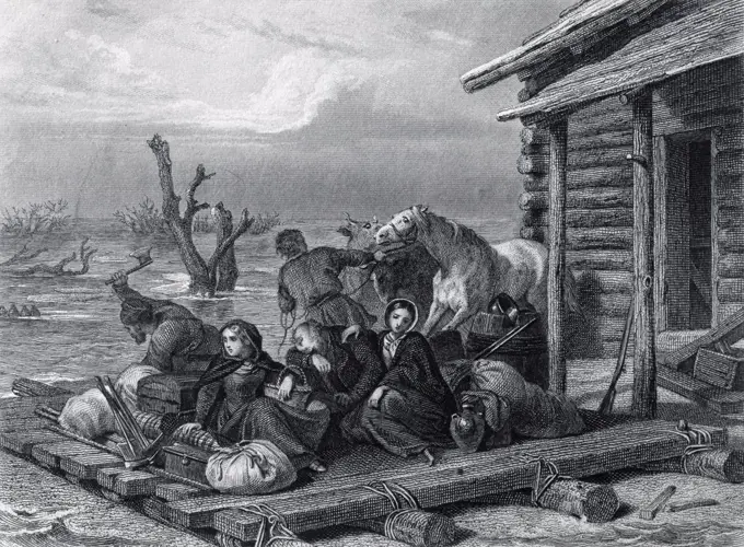 Emigrants on a raft in Canada, engraving by Follet and Leguay from a design by Henri Felix Emmanuel Philippoteaux (1815-1884). Canada, 19th century.