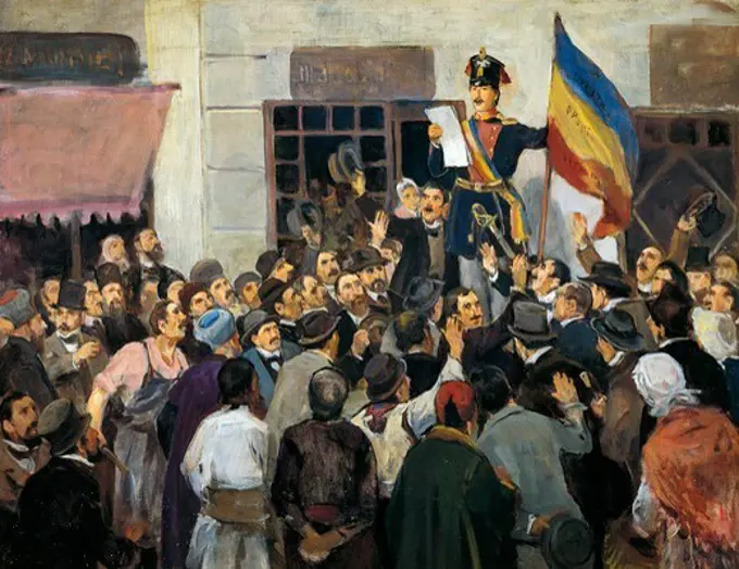 An official in Bucharest proclaiming independence from Russia, June 1848. Romania, 19th century.