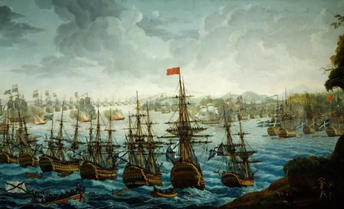 Naval battle in the Baltic Sea, oil on canvas. Russian-Swedish wars, Sweden, 18th century.