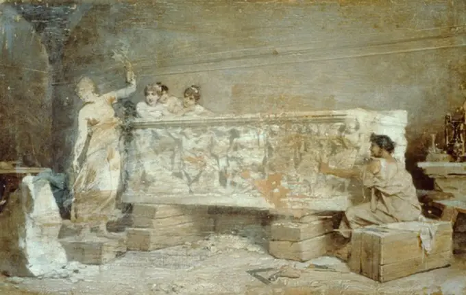 A Roman sculptor's studio, by Amos Cassioli (1832-1891), 1889-1890, oil on canvas, 57.5 x 74 cm.