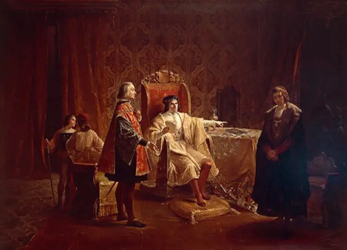 Gian Giacomo Trivulzio before King Louis XII of France denying the accusations of the Count of Ligny, painting (1843) by Cherubini Cornienti (1816-1860), oil on canvas, 168x277 cm.