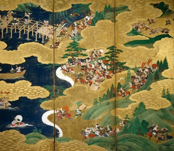 Byobu (screen) scenes from the 12th century Gempei war. Japan Tosa School, Edo Period, early 17th century.