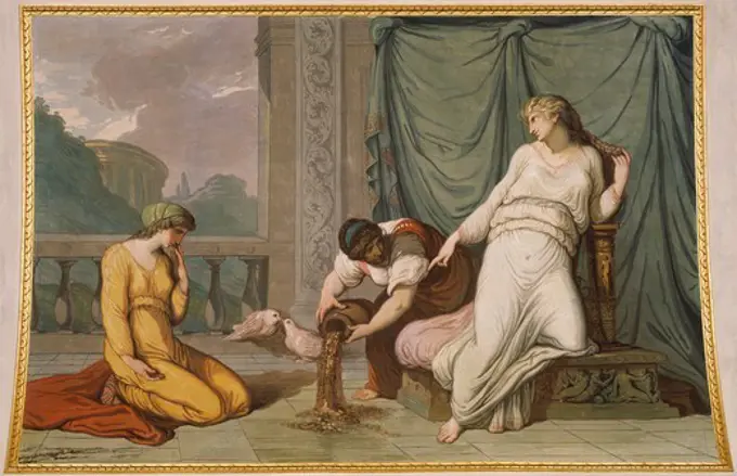 Venus ordering Psyche to separate the seeds, scene from the myth of Cupid and Psyche, 1794, Felice Giani (1758-1823), tempera wall painting, Palazzo Laderchi, Faenza, Emilia-Romagna. Italy, 18th century.