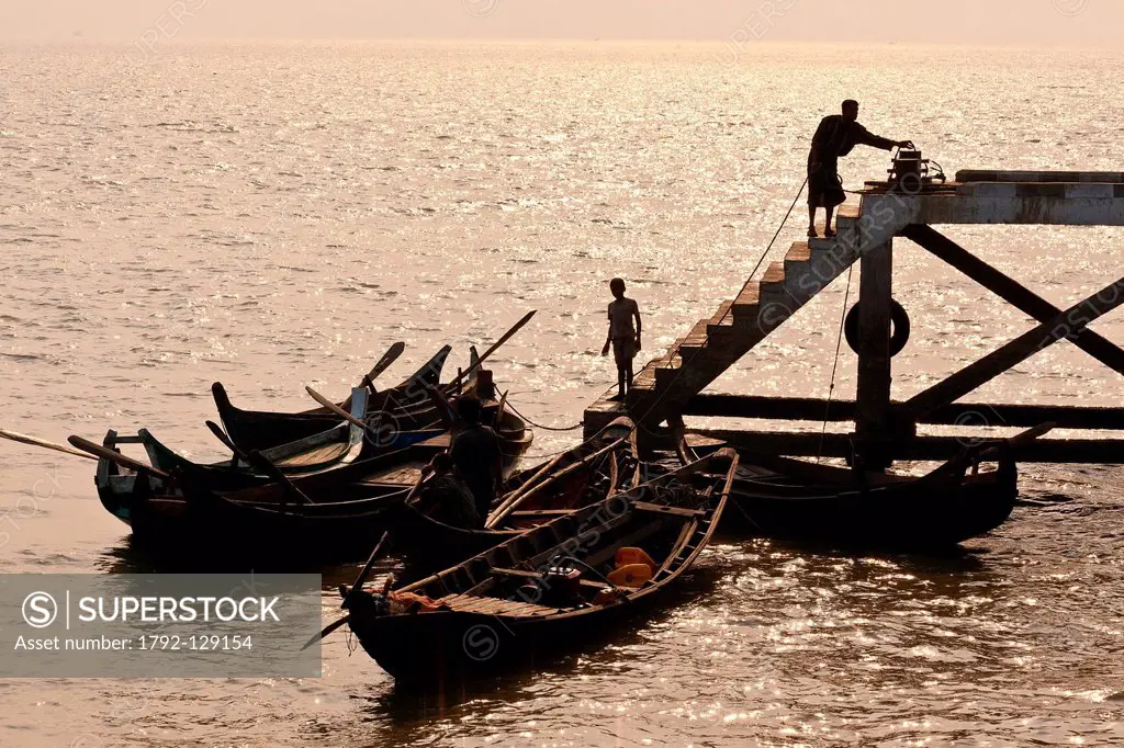 Myanmar Burma Rakhine Arakan state Sittwe pontoon boats in the