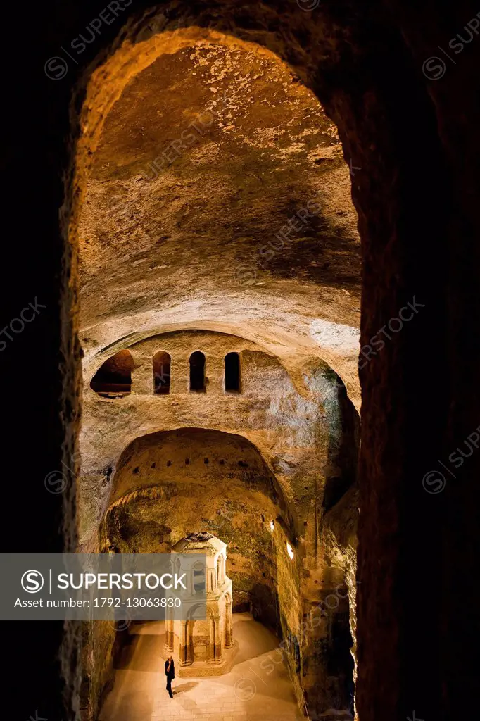 France, Charente, Aubeterre sur Dronne, labelled Les Plus Beaux Villages de France (The Most Beautiful Villages of France), underground church of St J...