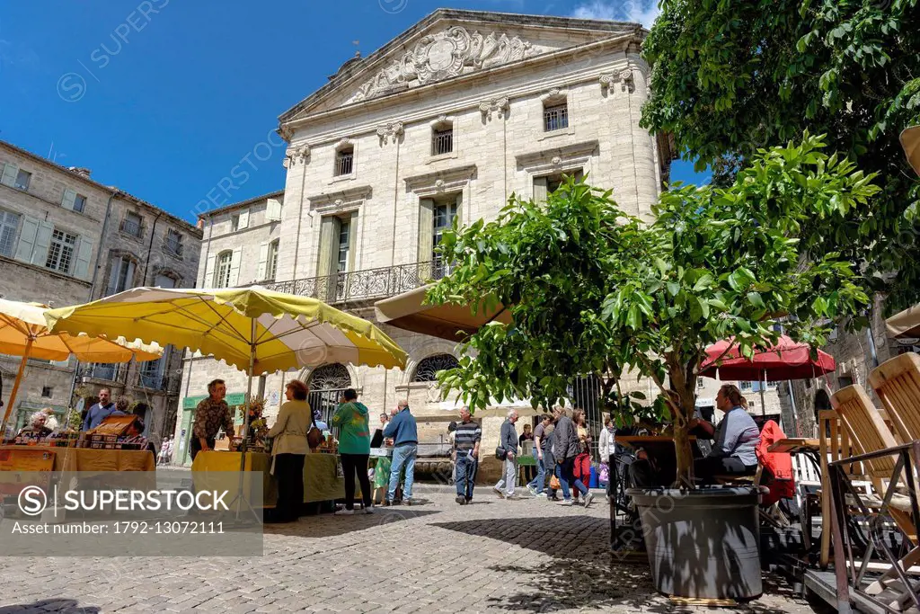 France, Herault, Pezenas, Place Gambetta, market day before the House of Crafts, gardeners in the shade under umbrellas