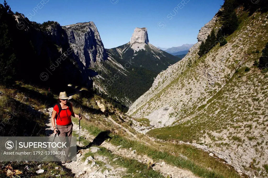 France, Isere, Parc Naturel Regional du Vercors (Natural regional park of Vercors), female hiker walking on the high plateaus of Vercors