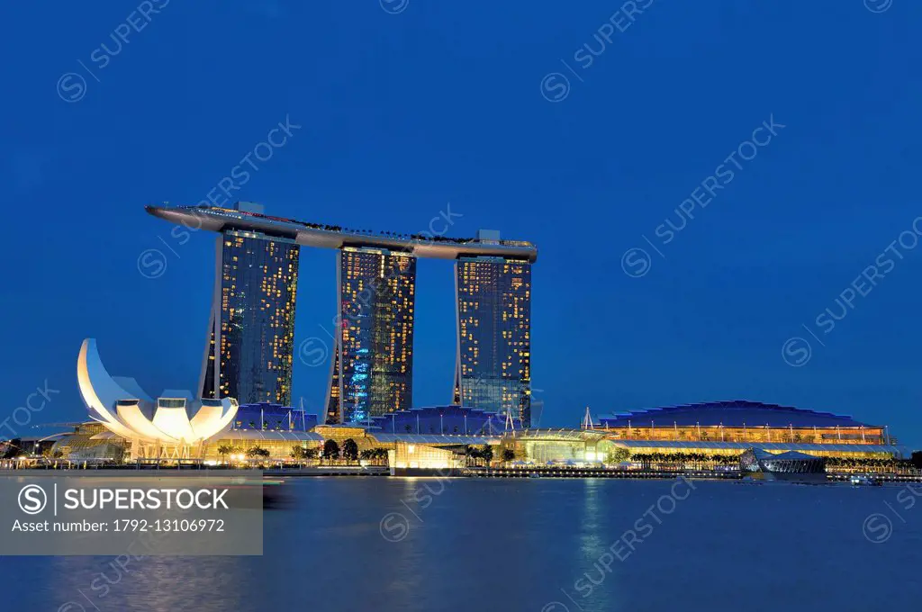 Singapore, Marina Bay, the hotel Marina Bay Sands opened in 2010 and the ArtScience Museum lotus flower shaped opened in 2011, by the architect Moshe ...