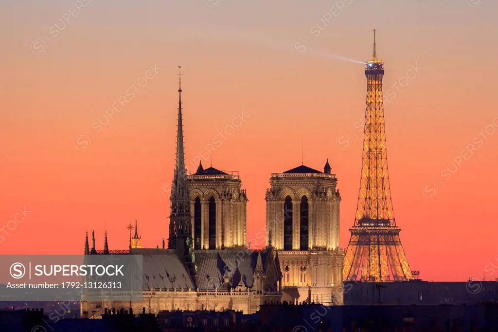 France, Paris, the Eiffel Tower (© SETE illuminations Pierre Bideau) and the Notre Dame cathedral on the Ile de la Cite illuminated at night