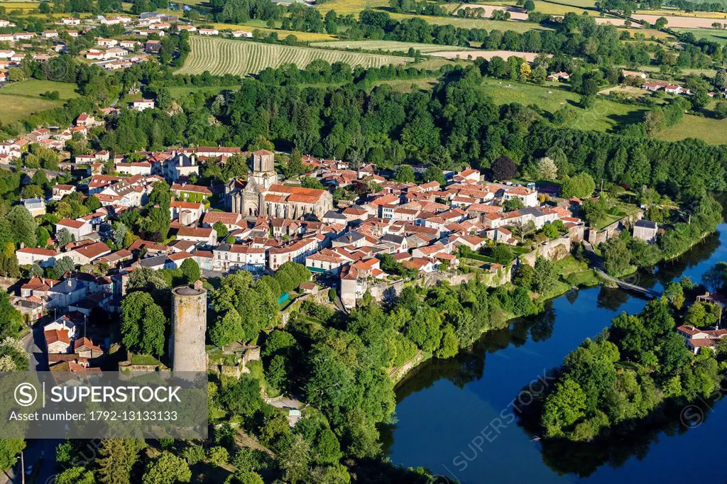 France, Vendee, Vouvant, labelled Les Plus Beaux Villages de France (The Most Beautiful Villages of France) (aerial view)