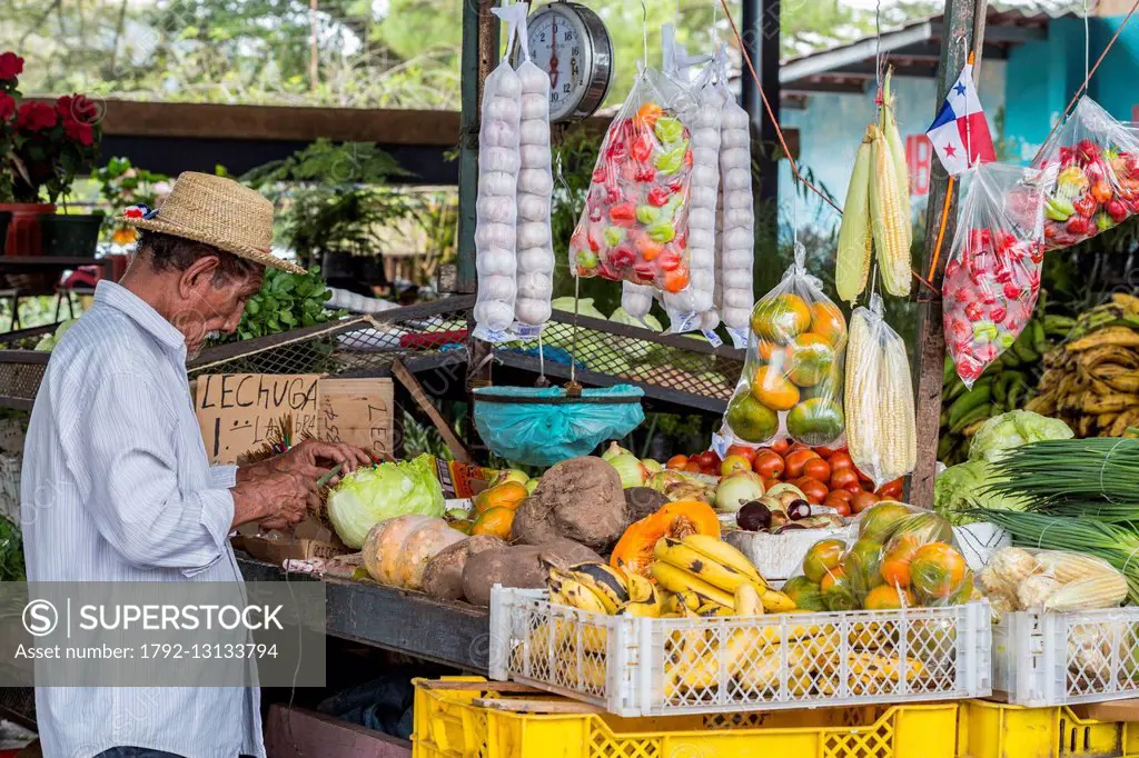 Panama, Cocle province, Anton Valley, market stalls selling fruit and vegetables