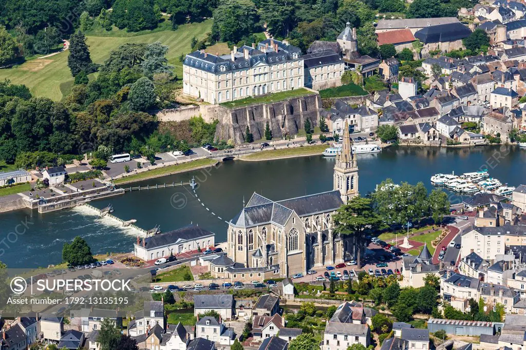 France, Sarthe, Sable sur Sarthe, the church and Sable castle near the Sathe river (aerial view)