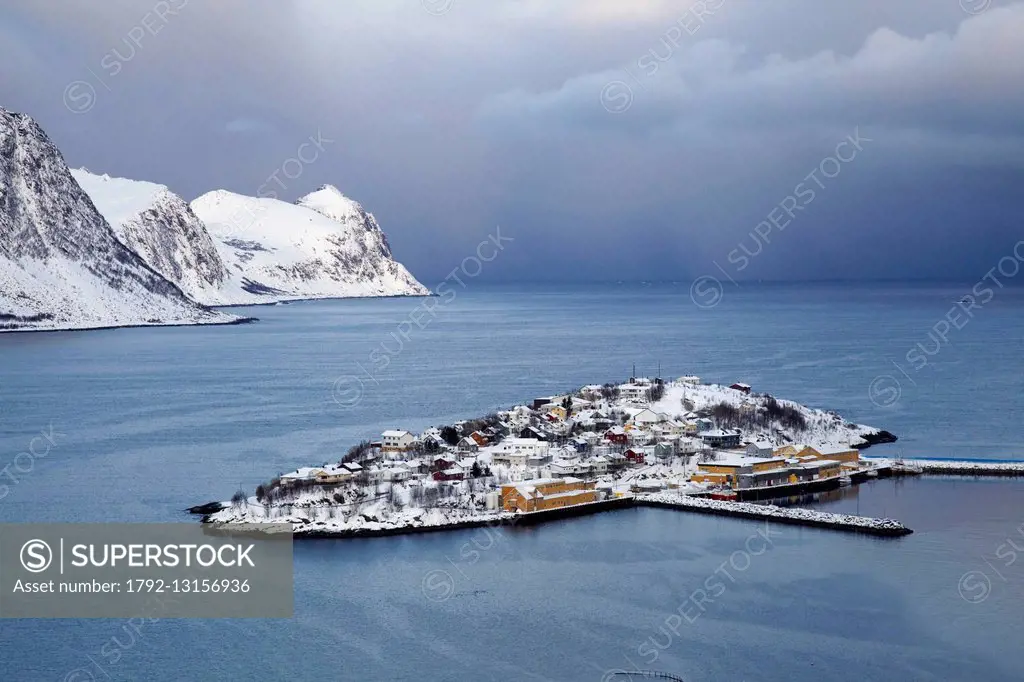 Norway, Troms, Senja island, fishing village of Husoy island in winter