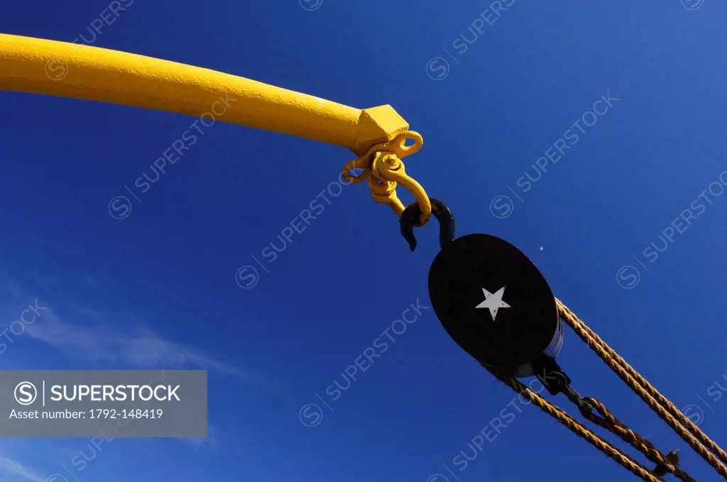 Chile, Biobio region, Concepcion, Huascar battleship, battleship pulley Peruvian Huascar ship at the port of Concepcion