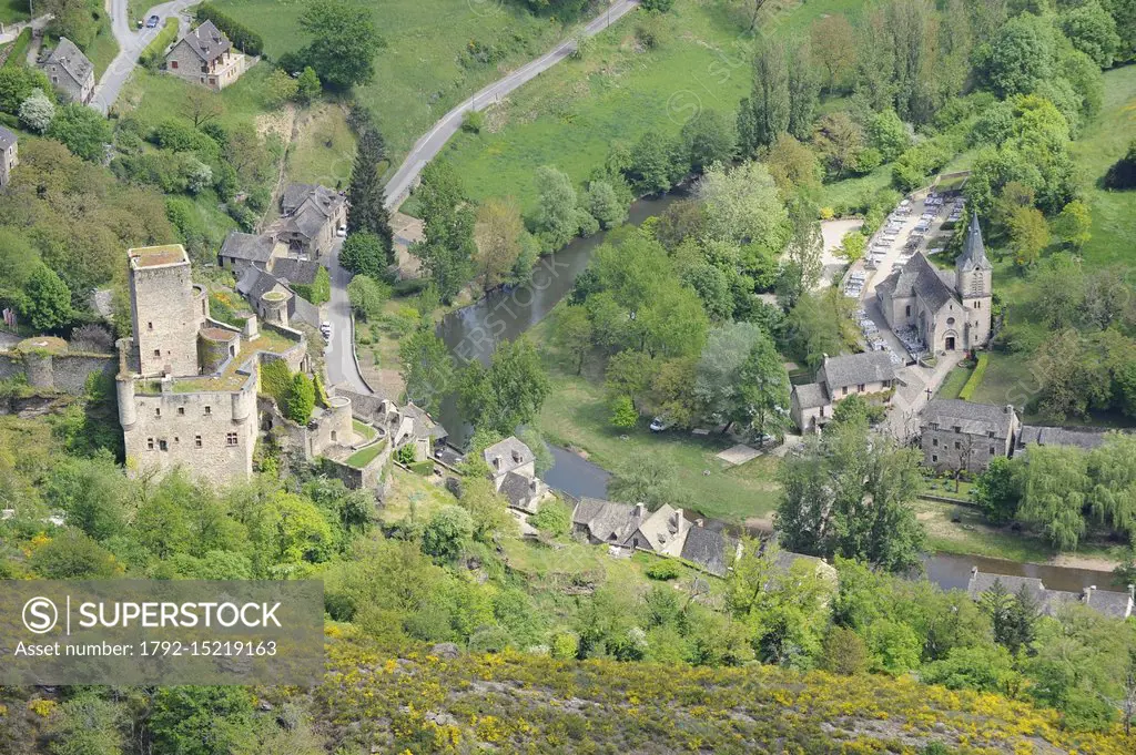 France, Aveyron, Belcastel, labeled Les Plus Beaux Villages of France, stop on the pilgrimage route (aerial view)