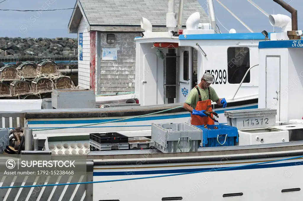 Canada, Quebec, Magdalen Islands, L'etang du Nord, fishing boats in the harbor, lobster fishing