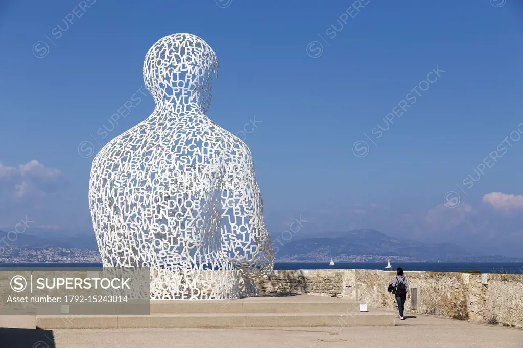 France, Alpes-Maritimes, Antibes, terrace of the bastion Saint-Jaume in the port Vauban, the transparent sculpture the ""Nomad"", created by the Spani...