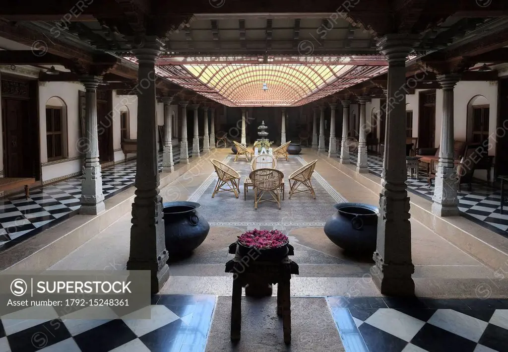 India, Tamil Nadu State, Chettinad region, Kothamangalam, Saratha Vilas, inside view of the mansion renovated and transformed into a luxury hotel by t...