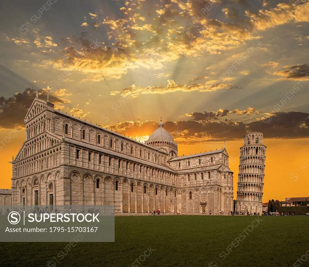 Leaning Tower of Pisa and Piazza dei Miracoli at sunset in Tuscany, Italy