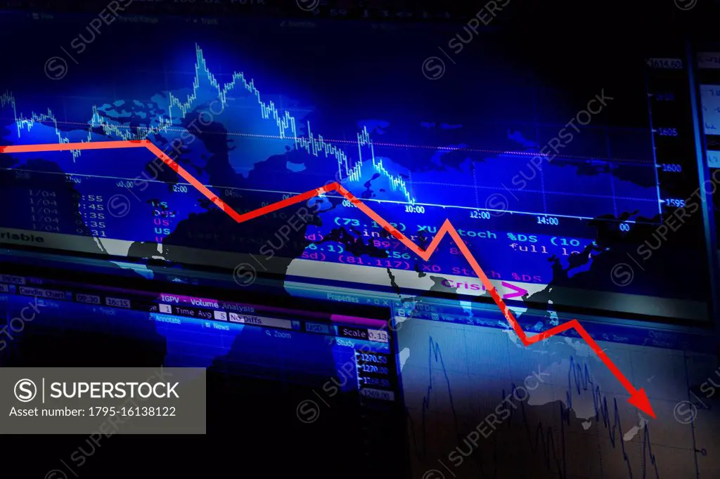 Stock market data and graph moving down