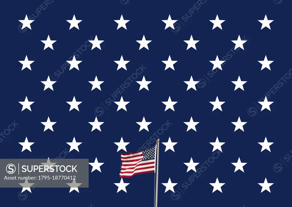 American flag waving against graphic field of 50 white stars on blue background