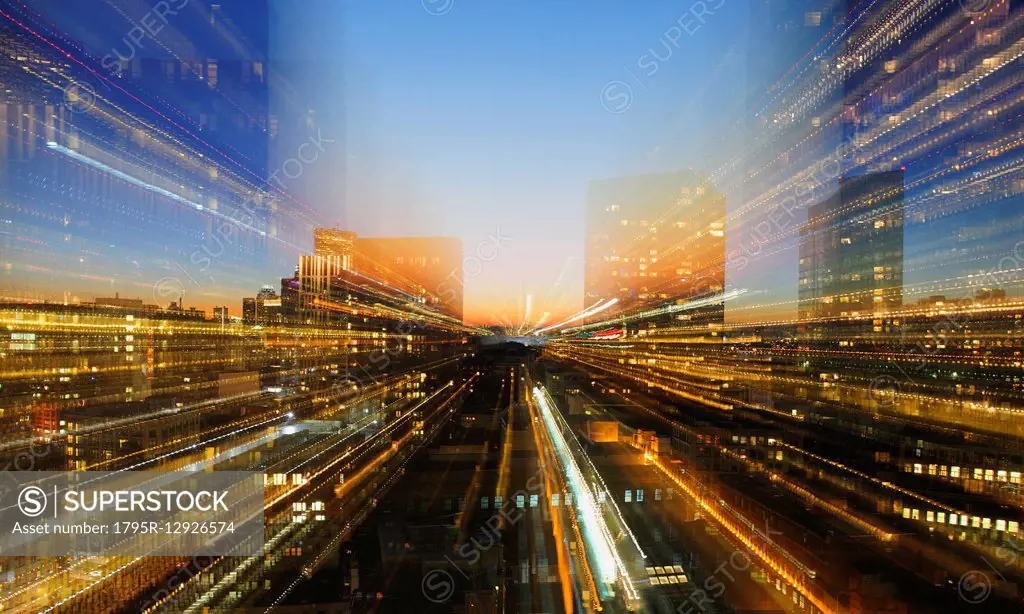 Financial District, Composite image of illuminated financial district at dusk