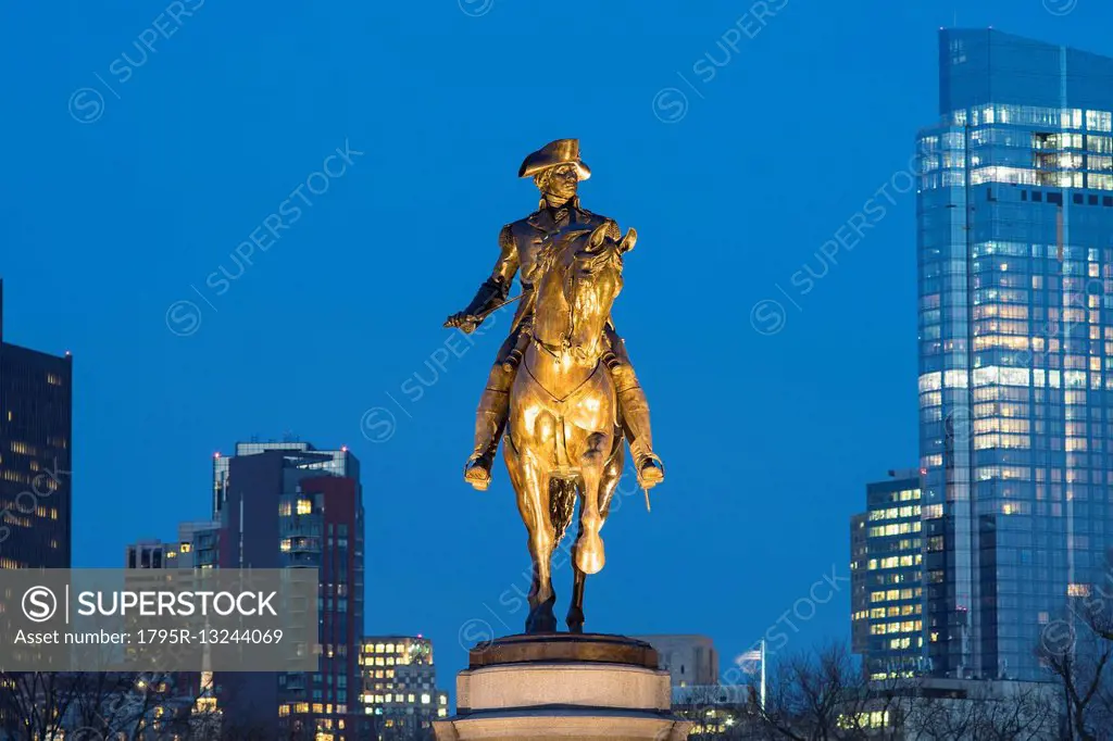 Boston Public Garden, Statue of George Washington on horse at dusk