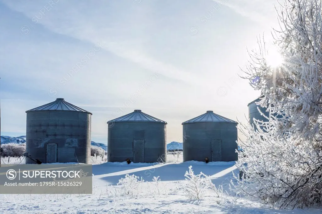 Silos on farm during winter