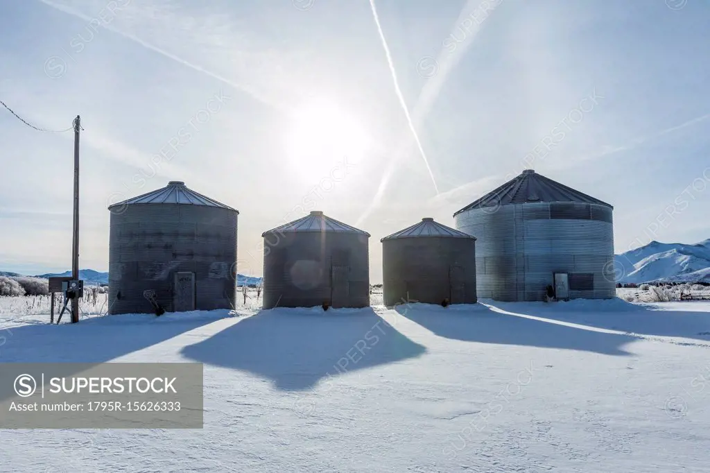 Silos on farm during winter