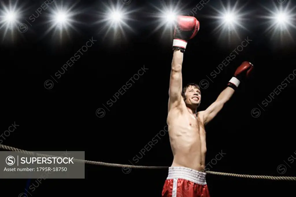 Boxer standing in boxing ring with gloves raised