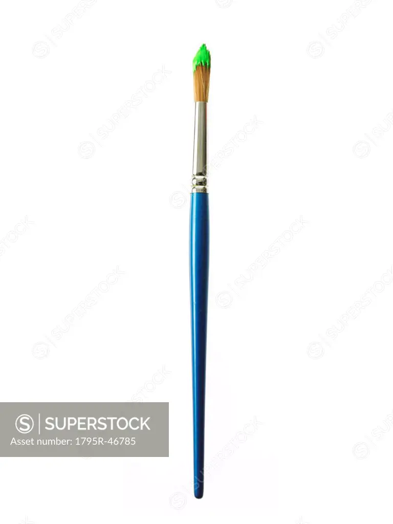 Blue paintbrush with green paint on white background