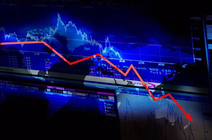 Stock market data and graph moving down