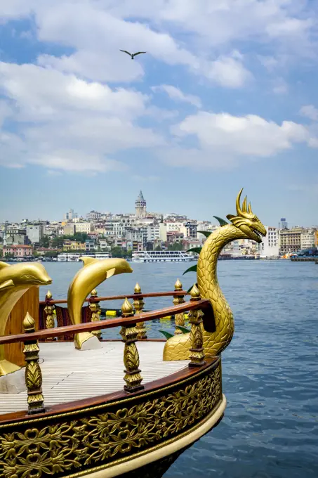 Turkey, Istanbul, Gold serpent and dolphins on bow of ship on Bosphorus